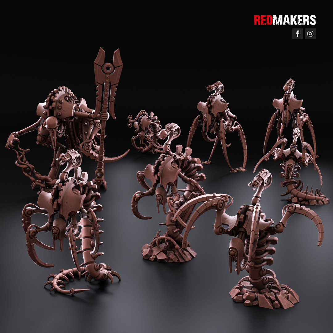 Collection of metallic figurines on a dark background with 'RedMakers' branding.