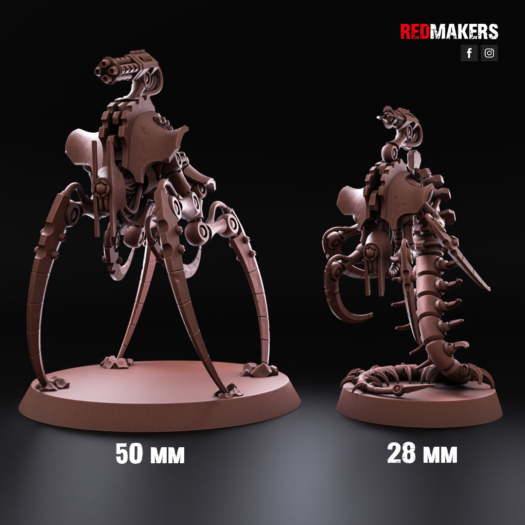 Two metallic figurines on stands with size labels '50 mm' and '28 mm' against a dark background, featuring the brand 'RedMakers'.
