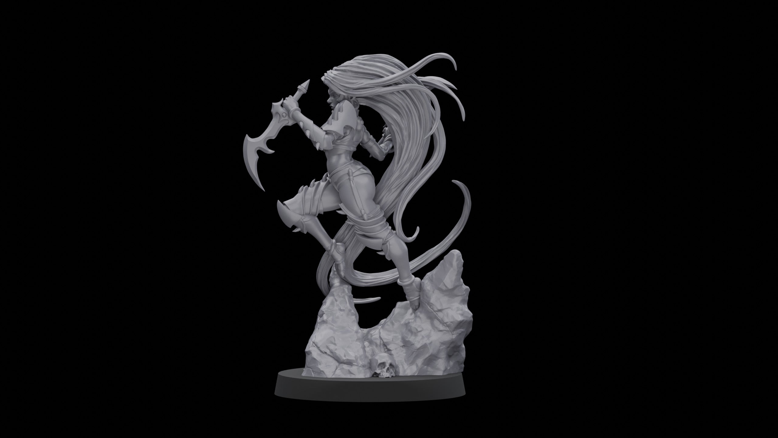 A Space elf with spikey armour leaping off a rock miniature. 32mm scale.