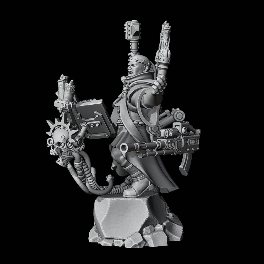 A grayscale 3D-rendered miniature figurine of a sci-fi armored character holding multiple weapons, shown against a solid black background. The RedMakers logo appears in the top-right corner.