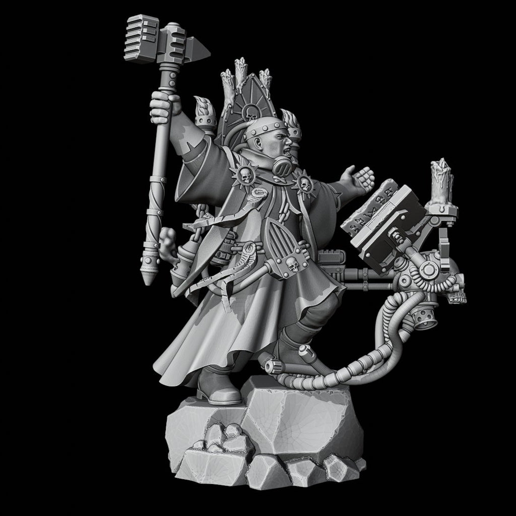A grayscale unpainted miniature figurine of a fantasy warrior holding a large hammer and standing on a rocky base, shown against a solid black background with the RedMakers logo in the top right corner.