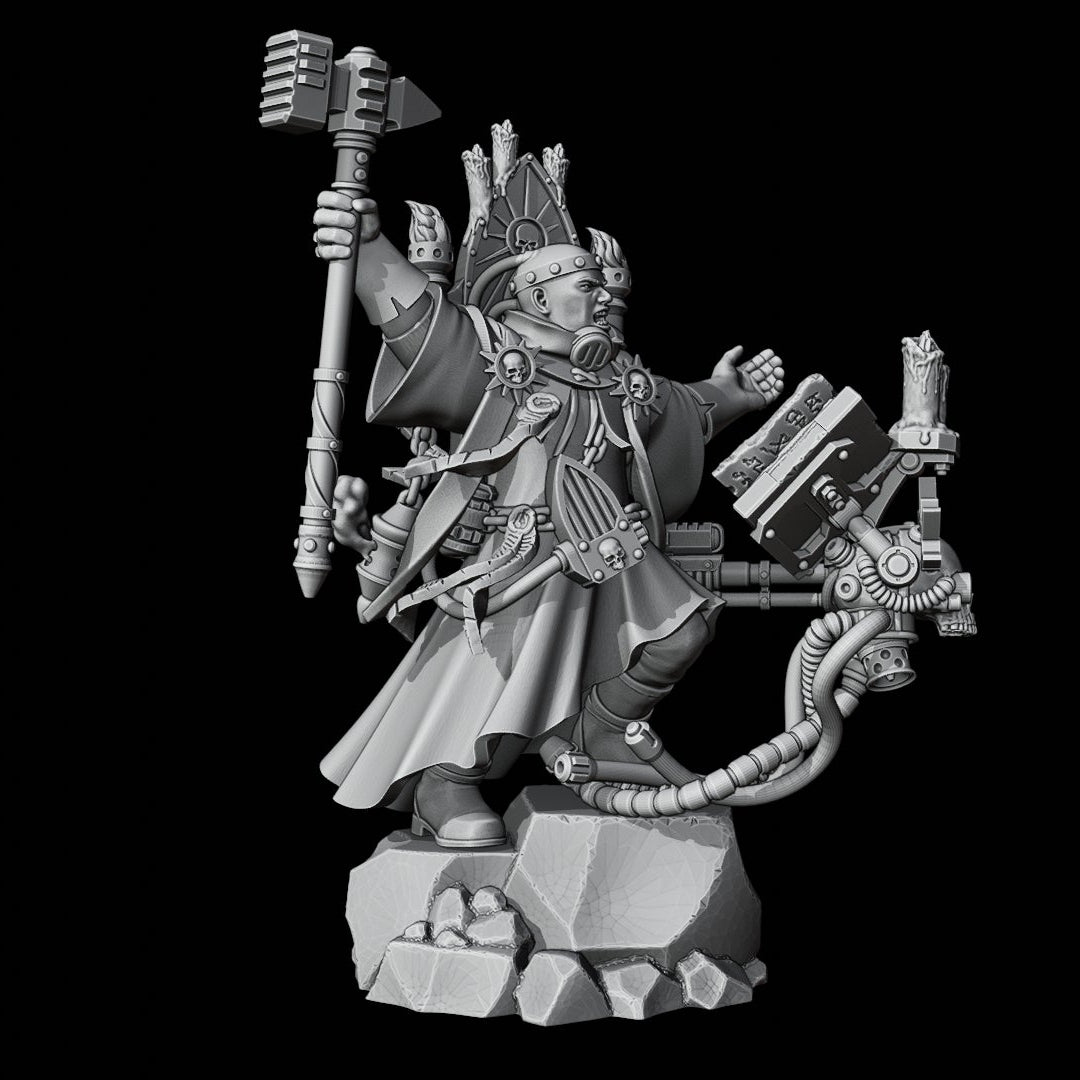 A grayscale unpainted miniature figurine of a fantasy warrior holding a large hammer and standing on a rocky base, shown against a solid black background with the RedMakers logo in the top right corner.