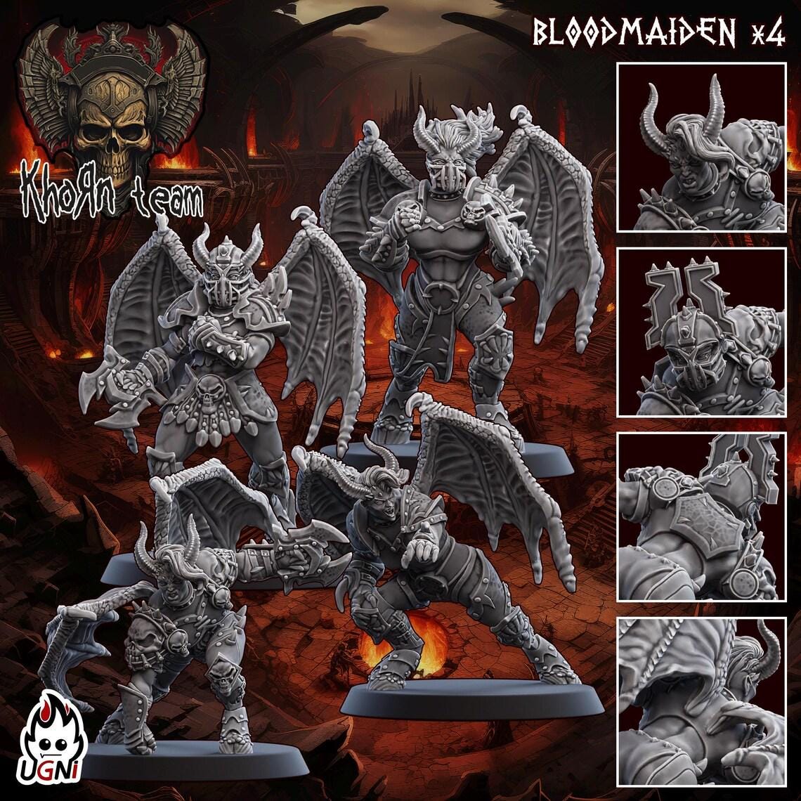 Four Blood Maiden miniatures from Demon Warriors Team on a dark background with Ugni logo.