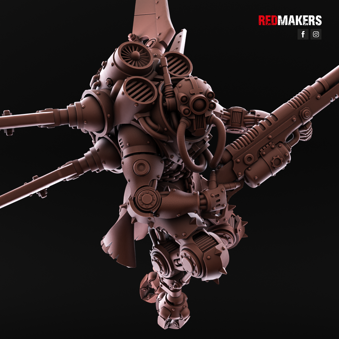 Detailed model of a mechanical creature with multiple arms and intricate design on a black background, featuring the brand 'RedMakers'.