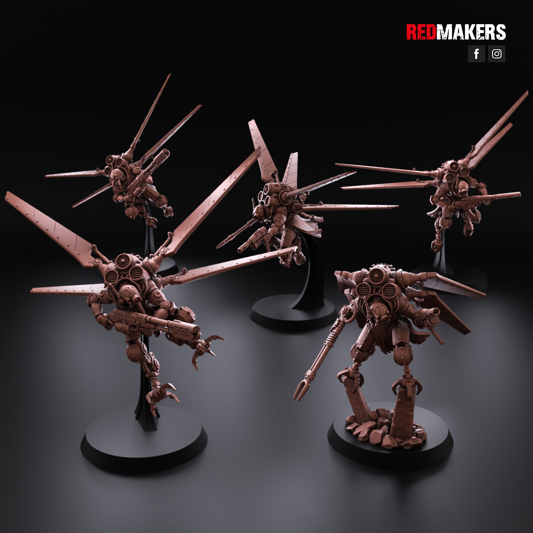 Four metallic robot figures on black stands with a dark background, featuring the brand 'RedMakers'.