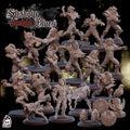 Collection of detailed miniature figurines on stands with 'Shadow Corps Elves' branding.
