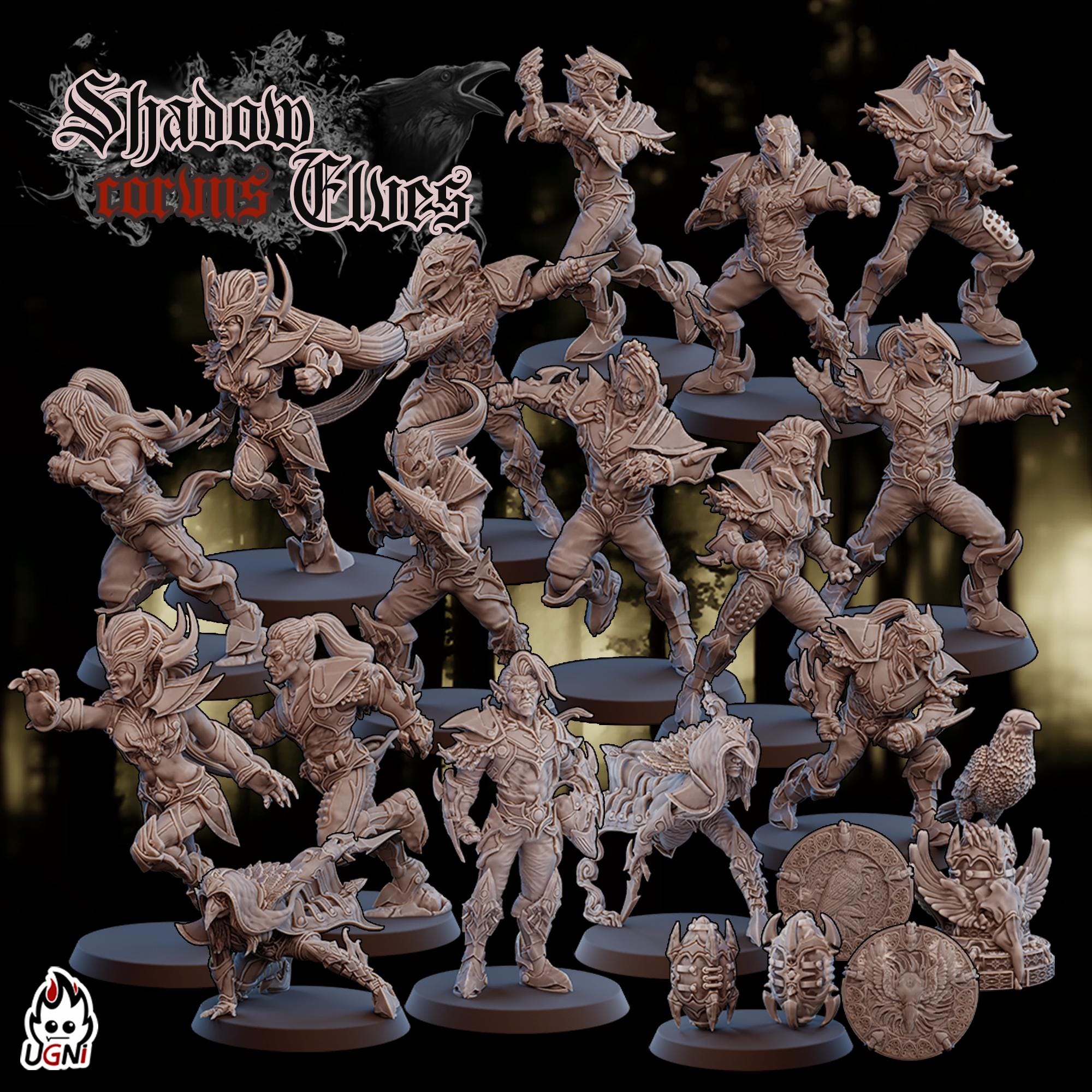 Collection of detailed miniature figurines on stands with 'Shadow Corps Elves' branding.