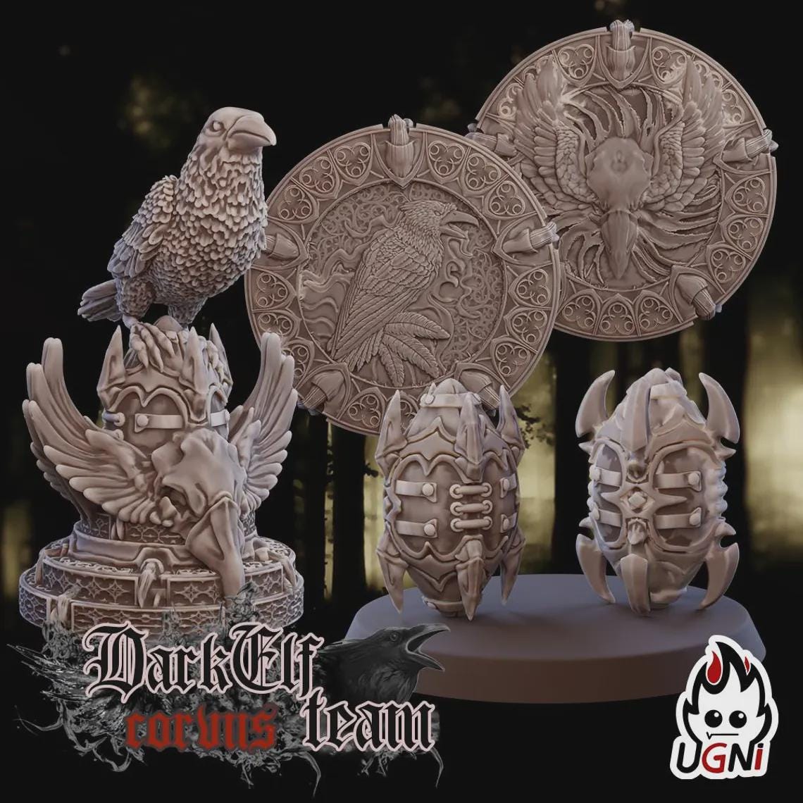 Collection of detailed stone-like figurines with ornate designs on a dark background.