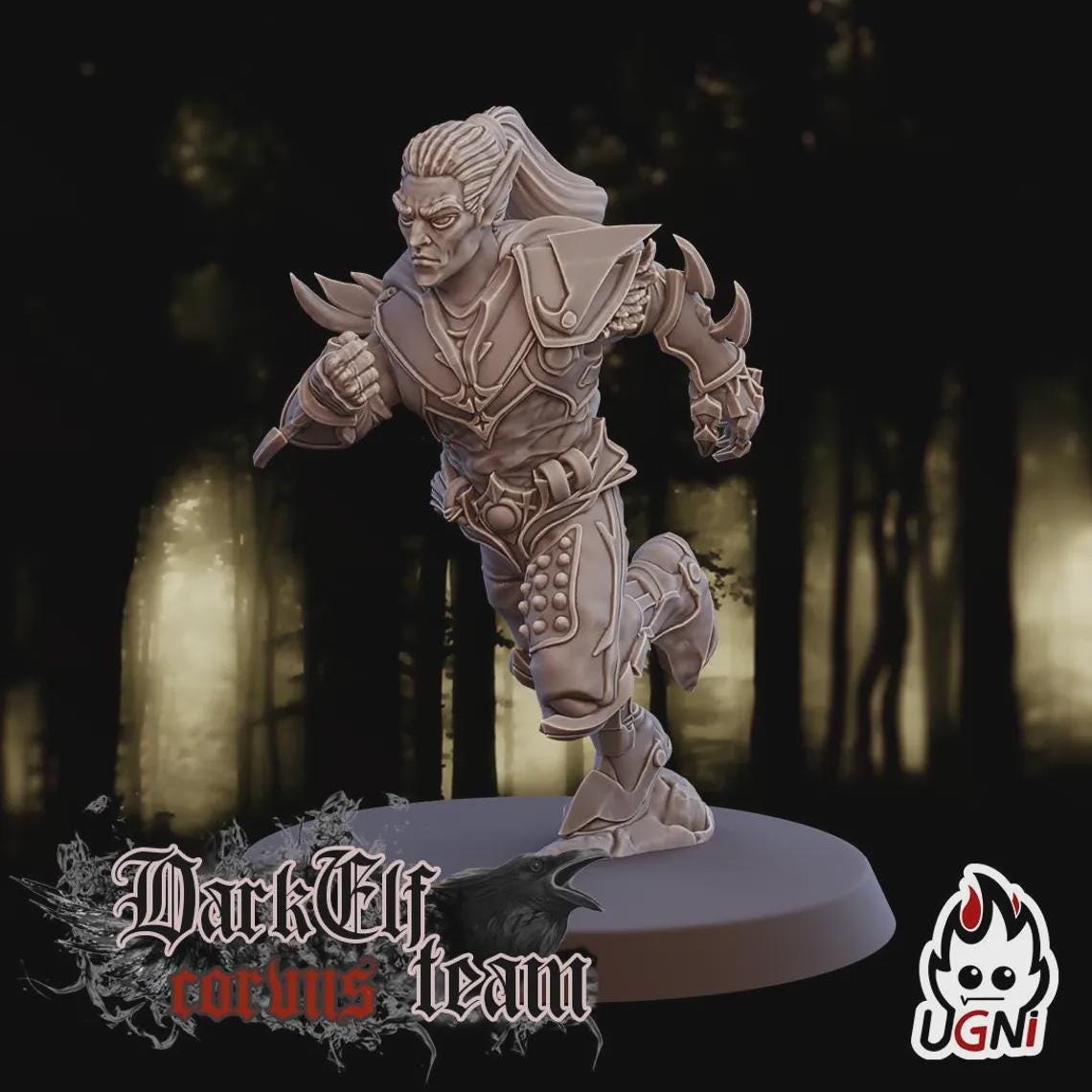 Minature figurine of a warrior in armor with a dark forest background