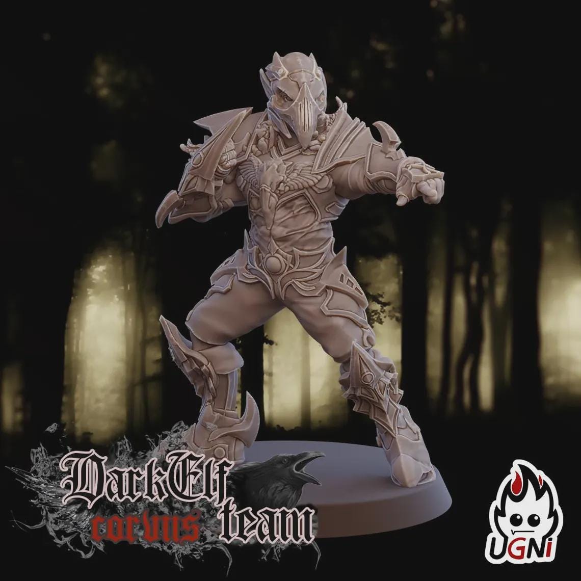 Detailed fantasy figurine on a dark background with 'Dark Elf' branding.