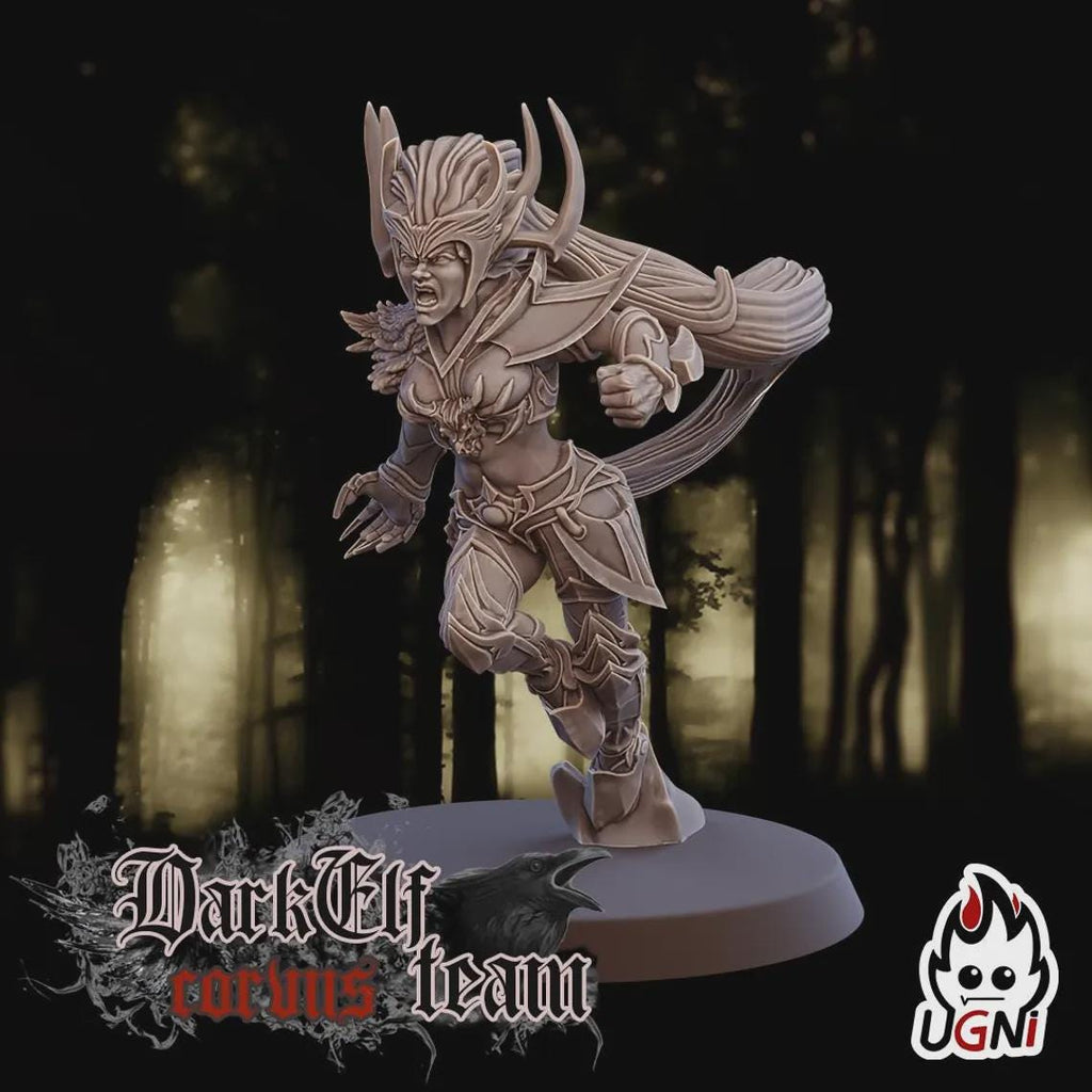 Wooden fantasy figurine on a dark forest background with UGNI branding.